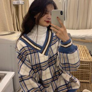 V-neck Plaid Sweatshirt / Long-sleeve Turtleneck Top