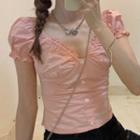 Puff-sleeve Frill Trim Buttoned Crop Top Pink - One Size