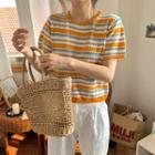 Striped Knit Short-sleeve Top As Shown In Figure - One Size