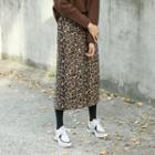 Band-waist Leopard Long Skirt Brown - One Size
