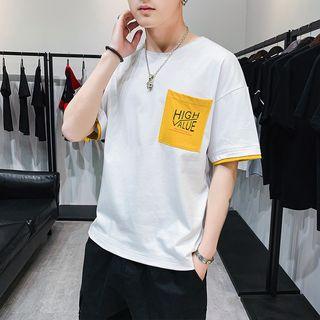 Lettering Pocket Detail Elbow-sleeve T-shirt