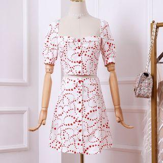 Set: Heart Print Puff-sleeve Crop Top + Mini A-line Skirt