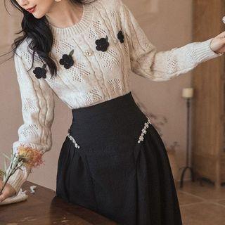 Set: Flower Detail Sweater + Rhinestone Midi A-line Skirt