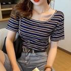Cropped Square-neck Striped T-shirt