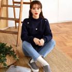 Mock-neck Heart Embroidery Pullover