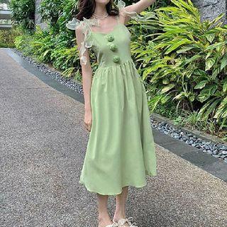 Spaghetti Strap Rose A-line Midi Dress