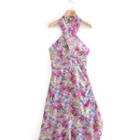 Halter-neck Asymmetric Floral Print A-line Dress