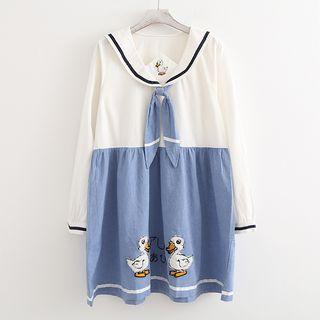 Duck Applique Sailor Collar Long-sleeve Dress