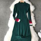 Color Panel Long-sleeve Midi A-line Knit Dress
