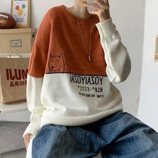 Cartoon Embroidered Two-tone Sweater