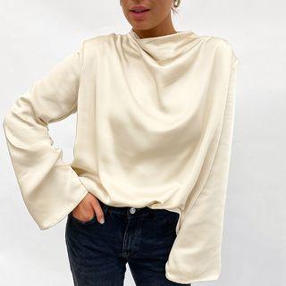 Bell-sleeve Plain Satin Loose-fit Top