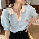 Puff-sleeve Cherry Embroidered Polo Knit Top Light Blue - One Size
