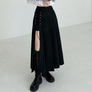 Lace-up Front Midi A-line Pleated Skort