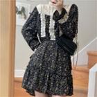 Long-sleeve Floral Print Lace Trim Mini A-line Skirt Floral - Black - One Size