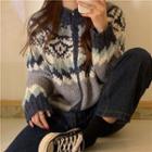 Color Panel Long-sleeve Cardigan Blue - One Size