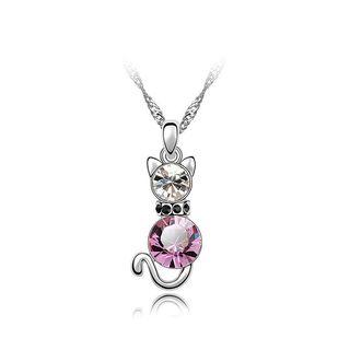 Cute Cat Pendant With Pink Austrian Element Crystal And Necklace