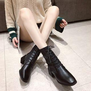 Faux Leather Block-heel Lace Up Ankle Boots