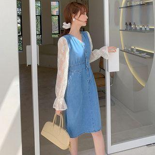 Lace Long-sleeve Denim A-line Dress