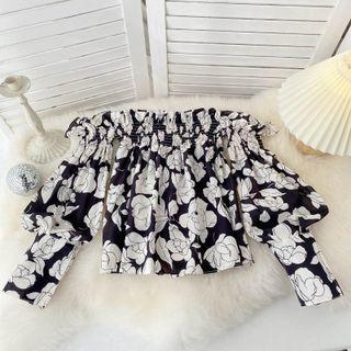 Off-shoulder Puff-sleeve Floral Top Black - One Size