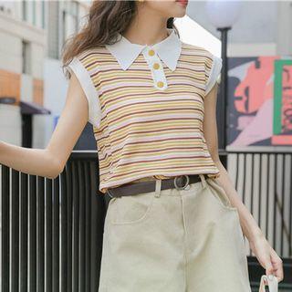 Striped Cap-sleeve Polo Shirt
