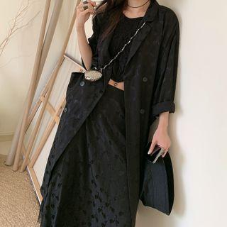 Double-breasted Satin Jacket / Asymmetric Midi A-line Skirt
