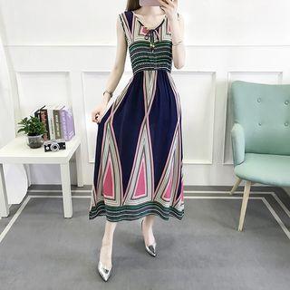 V-neck Printed Sleeveless Midi A-line Dress