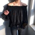 Off-shoulder Long-sleeve Ruffled Blouse Black - One Size