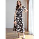 Rose Pattern Shawl-collar Puff-sleeve Long Dress