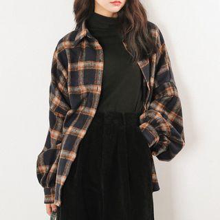 Plain Long-sleeve Shirt Navy Blue - One Size