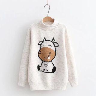 Mock-neck Cartoon Cow Print Sweater