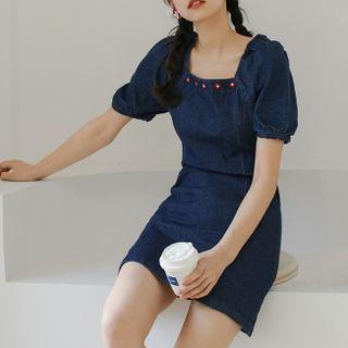 Puff Sleeve Embroidered Denim Dress