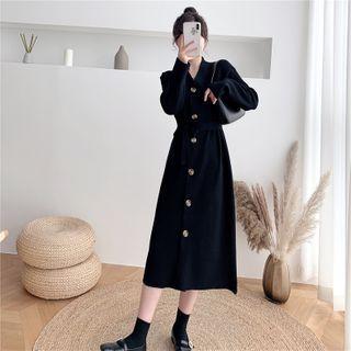 Long-sleeve Knit Button-up Midi Dress