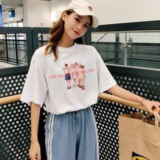 Elbow-sleeve Printed T-shirt / Wide-leg Pants
