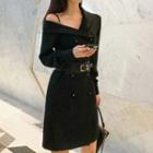 Long-sleeve Cold Shoulder Double-breasted Sheath Dress