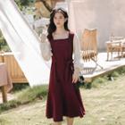 Long-sleeve Paneled Midi A-line Corduroy Dress