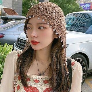 Faux Pearl Perforated Knit Beanie