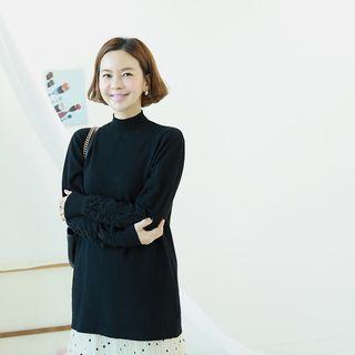 Mockneck Lace-panel Knit Top