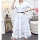 Collared Short-sleeve Fringed Midi A-line Dress