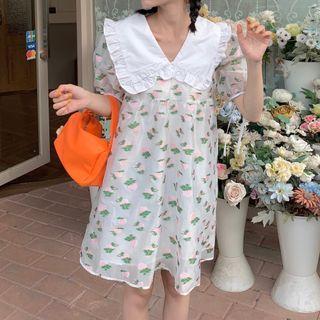 Puff-sleeve Floral Print Frill Trim A-line Dress Green Leaves - White - One Size