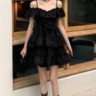 Cold-shoulder Lace Panel Mini A-line Dress Black - One Size