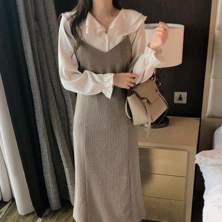 Layered Collar Blouse / Midi Overall Dress / Set