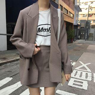 Double Breasted Blazer / Houndstooth A-line Skirt