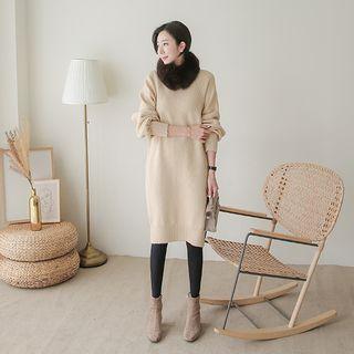 Puff-sleeve Slit-side Knit Dress
