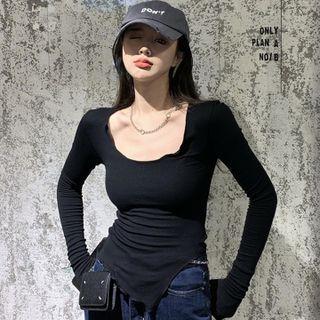 Long-sleeve Lettuce Edge Asymmetrical Hem Skinny Knit Top