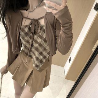 Strapless Plaid Top / Tied Cardigan / Mini Skirt
