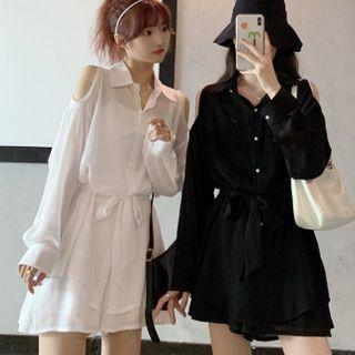 Faux Leather Cold-shoulder Shirt / Wide-leg Shorts