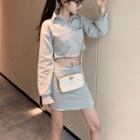 Set: Long-sleeve Buttoned Cropped Top + Mini Skirt Top - Gray - One Size / Skirt - Gray - One Size