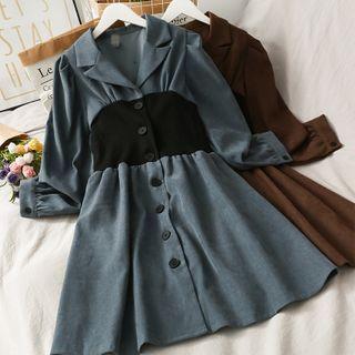 Patchwork Puff-sleeve Lapel Shirtdress