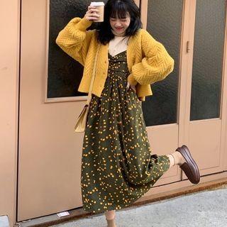 Plain Cardigan / Long-sleeve Turtleneck T-shirt / Flower Print Midi Overall Dress