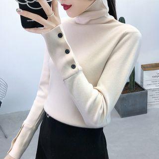 Long-sleeve Turtleneck Buttoned Knit Top